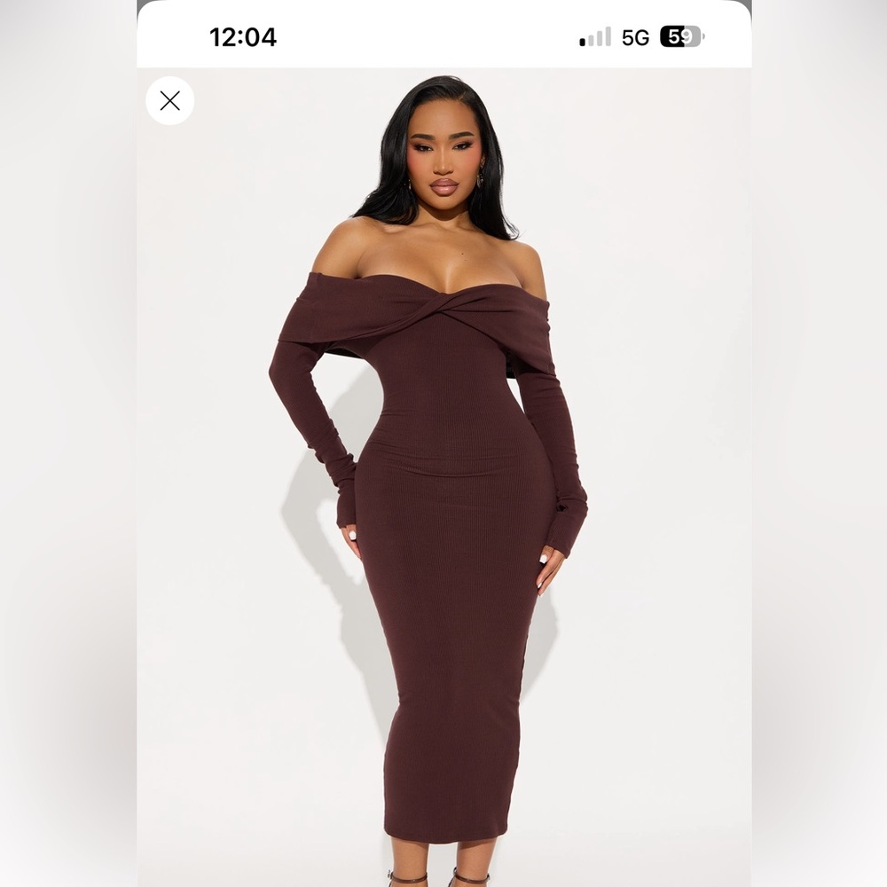 Fashion nova brown long sleeeve off the shoulder dresss size M